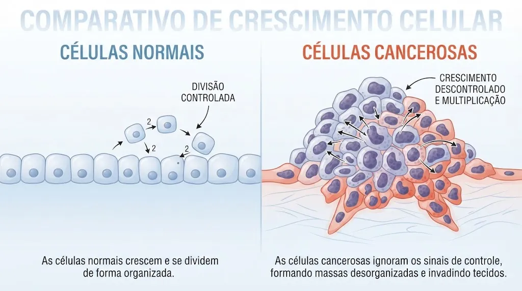 Ilustração comparativa de células normais organizadas e células cancerosas com multiplicação descontrolada