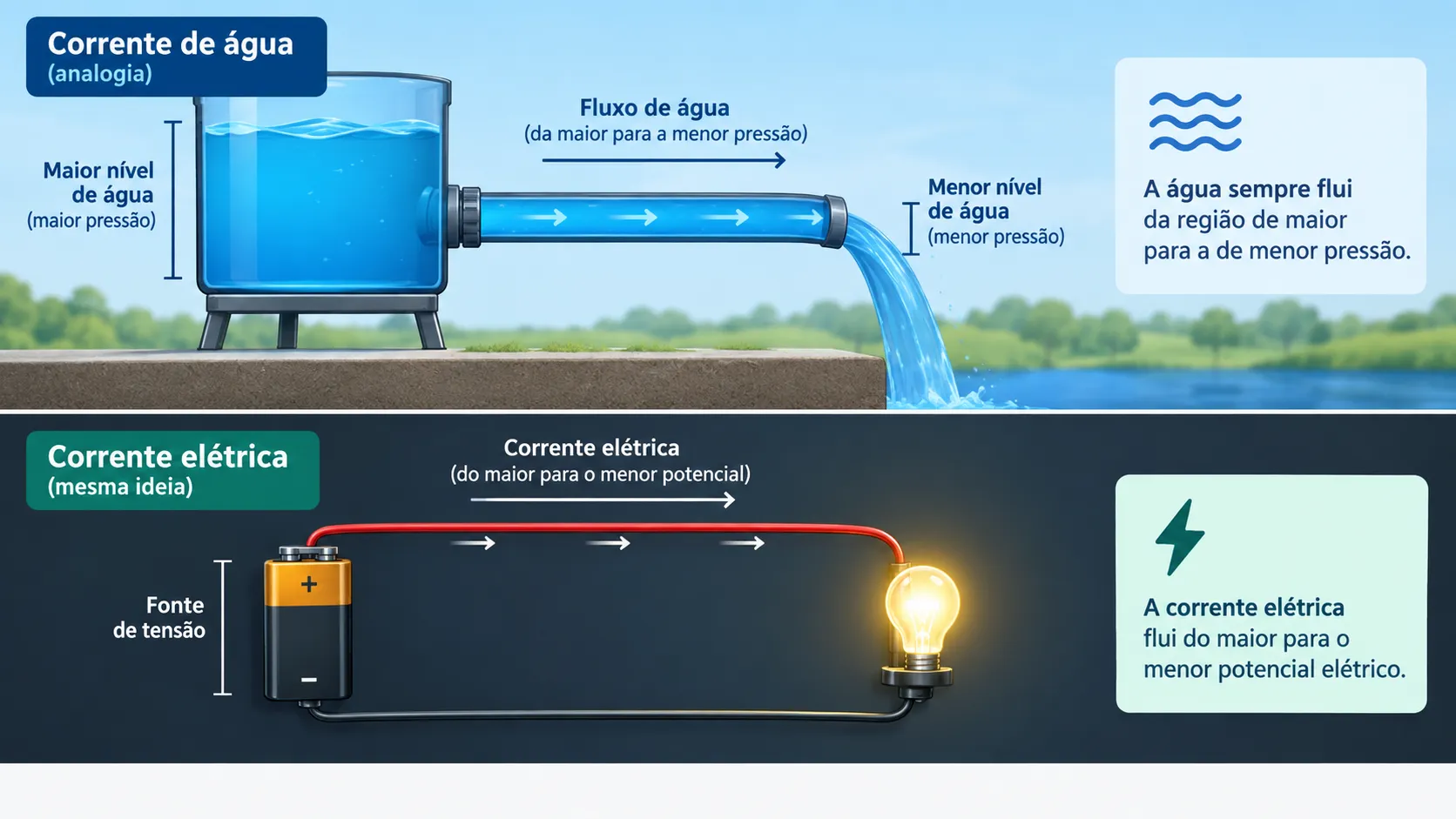 Analogia entre corrente de água e corrente elétrica para explicar eletrodinâmica