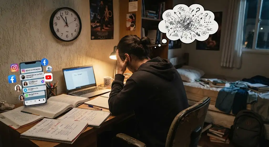 Estudante em meio às distrações